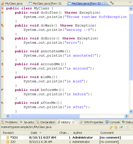 Figure 4: - Viewing an old version [Rev:320] of a class retrieves the XMD from SVN and displays the AJDT markers in the left toolbar.