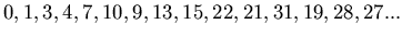 $0, 1, 3, 4, 7, 10, 9, 13, 15, 22, 21, 31, 19, 28, 27...$